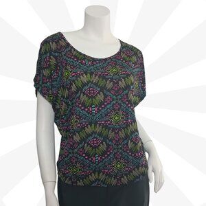 Annabelle Multicolor Scoop Neck Short Sleeve Top Size L Bohemian Crochet Accent